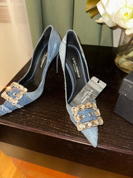 Dolce & Gabbana Denim Pointed Toe Pumps with Jeweled Buckles size 40 worn once - Picture 6 of 9